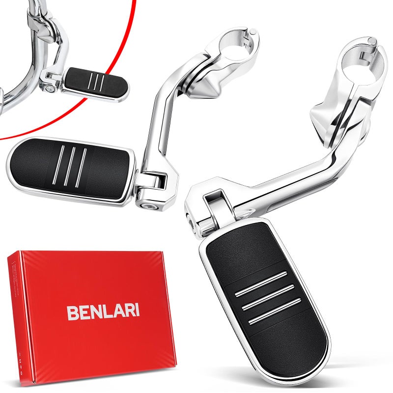 Benlari Highway Pegs  1.25"" Highway Foot Pegs Long Angled Stainless Steel 304 Adjustable Fit for Harley Touring Street Glide Softail Dyna Sportster fits 1-1/4""(32mm) Engine Guard(Chrome) - Image 1